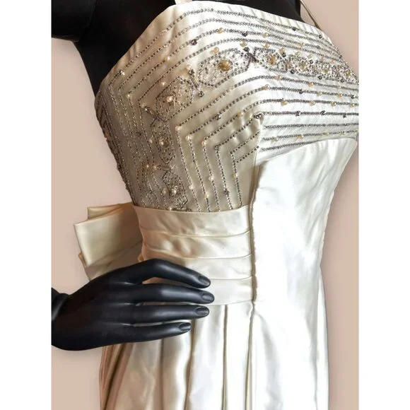 Vintage Obi Waist/Bow 60s Beaded Liquid Satin Wedding Dress - Picture 1 of 6